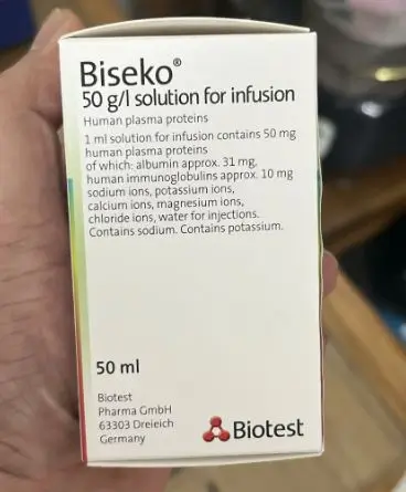 Thuốc Biseko 50 g/l chai 50ml để bù thể tích máu bị mất, giảm protein huyết, giảm albumin huyết, và phòng ngừa nhiễm trùng