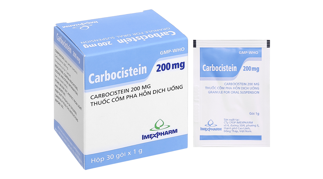 Carbocistein 200mg Trị bệnh lý hô hấp có đờm nhầy quánh - Hộp 30 gói x 1g - Imexpharm