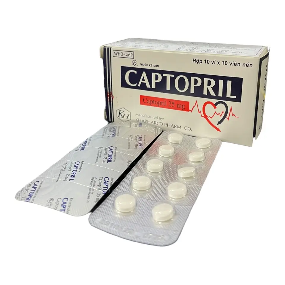 Captopril – Thuốc điều trị huyết áp cao, suy tim của Khapharco (Hộp 10 vỉ x 10 viên)