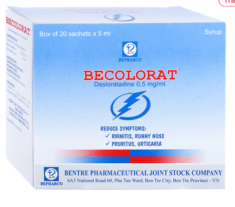 Siro Becolorat Bepharco giảm nhanh các triệu chứng viêm mũi dị ứng và mày đay (20 gói x 5ml)