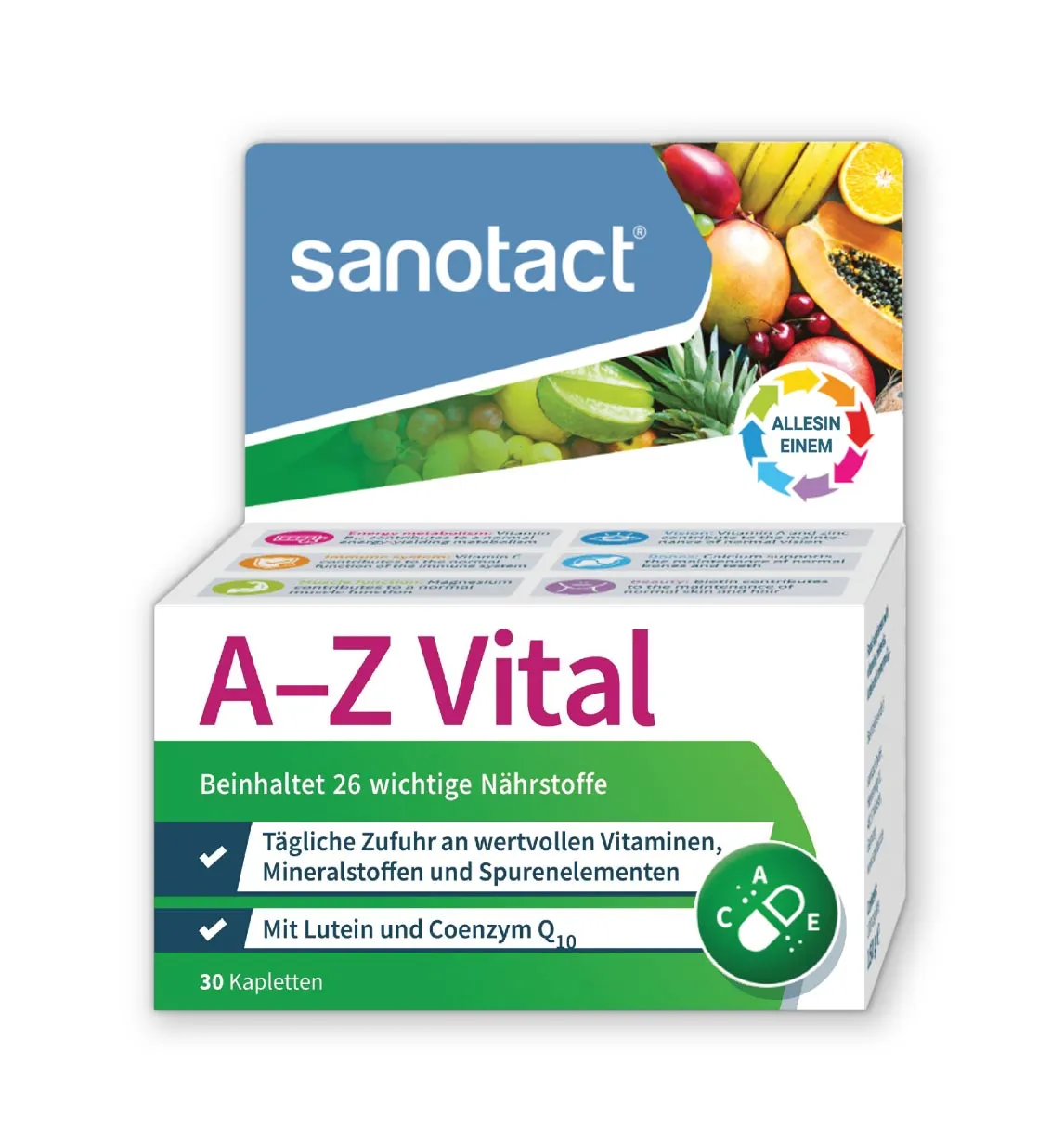 Viên bổ tổng hợp Sanotact A-Z Vital - 26 loại Vitamin, khoáng chất với Lutein và Co-enzyme Q10 từ Đức