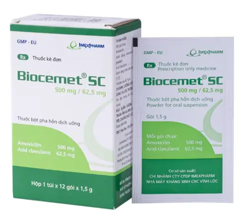Bột pha uống Biocemet SC 500mg/62.5mg điều trị nhiễm khuẩn (hộp 12 gói)