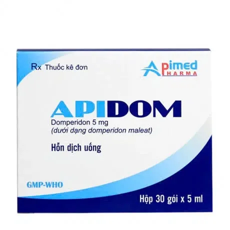 Apidom Dompe 5mg Apimed (H/30g/5ml) – Hỗn dịch uống điều trị chứng nôn và buồn nôn, nấc cụt, ăn không tiêu (30 gói x 5ml)