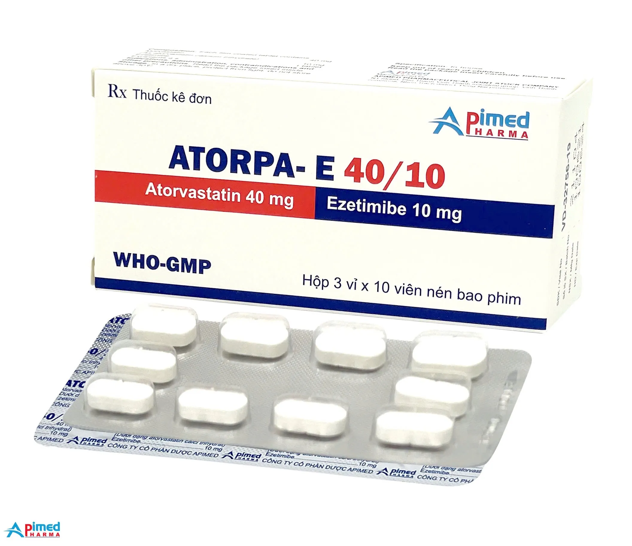Atorpa-E 40/10mg Apimed (H/30v) – Thuốc phòng ngừa bệnh tim mạch và tăng cholesterol máu (3 vỉ x 10 viên)