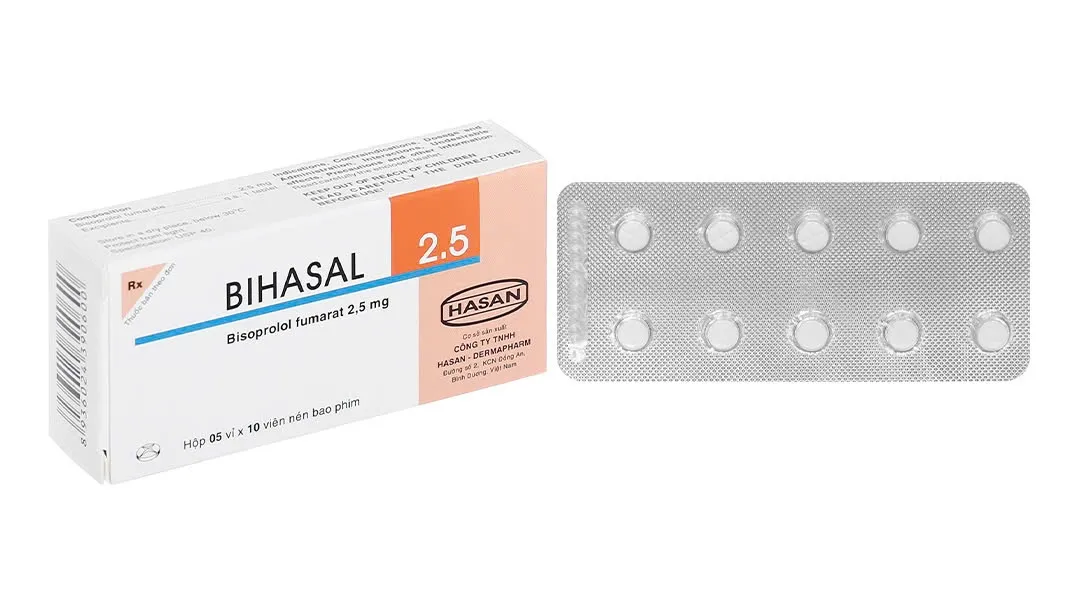 Bihasan 2,5mg Hasan (H/50v)  – Viên nén Bisoprolol điều trị tăng huyết áp, đau thắt ngực & suy tim ổn định