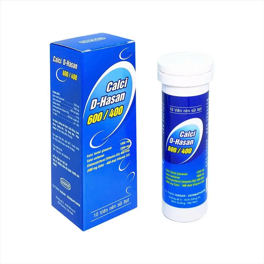 Calci D 600/400 Hasan (T/10v) – Viên sủi bổ sung Canxi + D₃, phòng & điều trị loãng xương