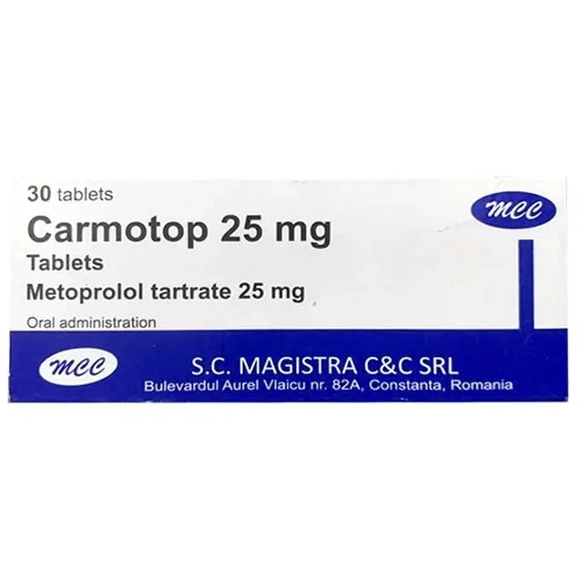 Carmotop 25mg Magistra (Hộp 3 vỉ x 10 viên) – Chẹn beta hỗ trợ kiểm soát huyết áp, giảm đau thắt ngực