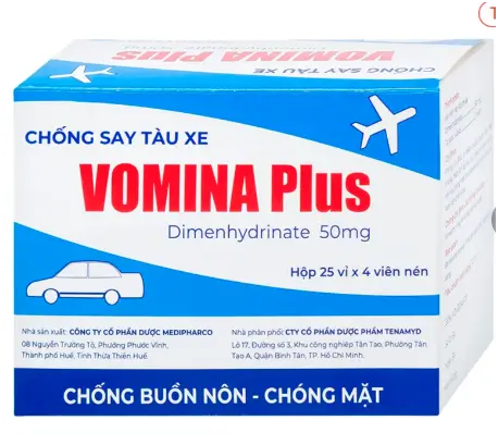 Thuốc Vomina Plus 50mg Medipharco phòng và điều trị triệu chứng buồn nôn, chóng mặt khi say tàu xe (25 vỉ x 4 viên)