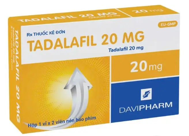 Tadalafil 20 mg Davipharm - điều trị rối loạn cương dương, tăng huyết áp mạch phổi (Hộp 1 vỉ x 2 viên)