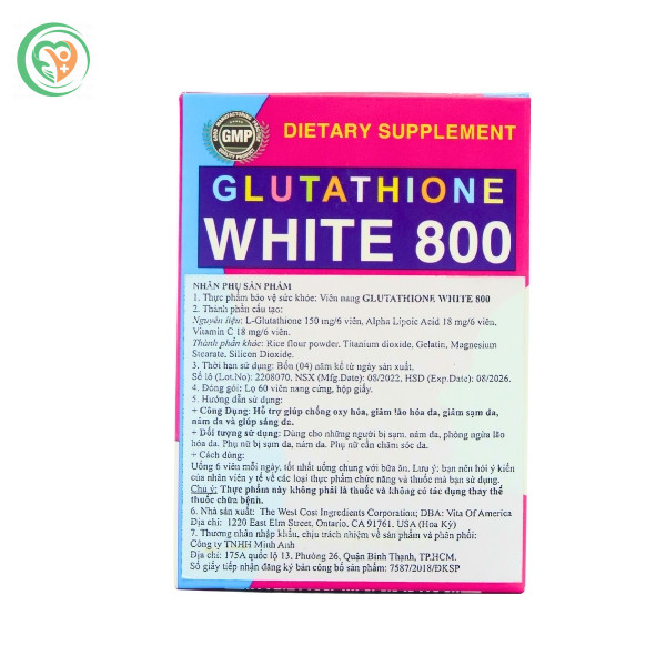 Glutathione White 800 hỗ trợ chống oxy hóa, giảm lão hóa, sạm, nám và làm trắng da (60 viên)