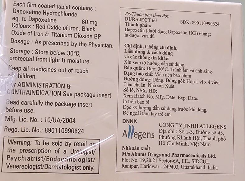 Duraject – 60, điều trị xuất tinh sớm ở nam giới độ tuổi 18 – 64