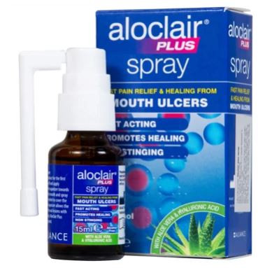 Chai xịt Aloclair Plus Spray giảm đau nhanh bệnh tay chân miệng, nhiệt miệng, chỉnh nha, nhổ răng (15ml)